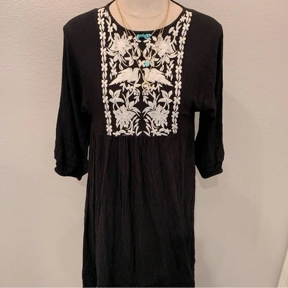 Knox Rose Dresses | Knox Rose Black Gauze White Embroidered Floral Bird Peasant Boho Dress Xs | Color: Black/White | Size: Xs | Tsara710's Closet